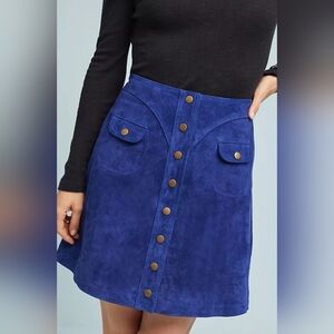 Anthropologie Blue 100% Suede Leather A-Line Button Down Skirt